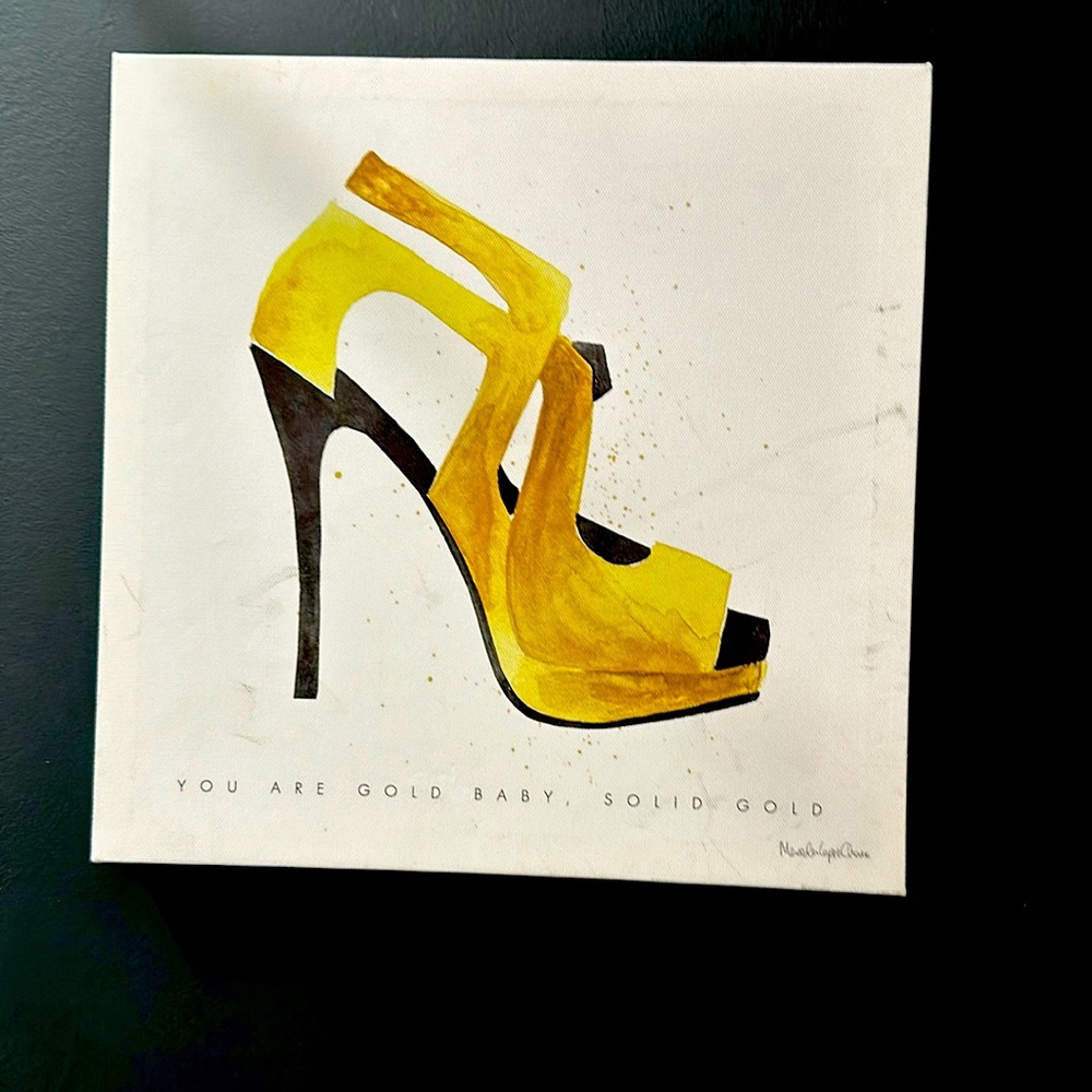 Wall art. Gold. Heel, sandal. Glam